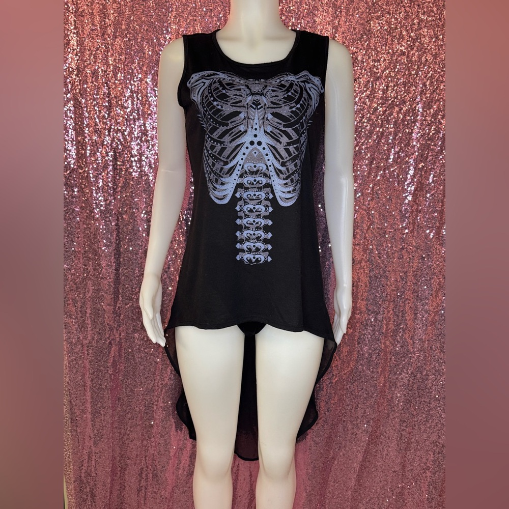 Hot Topic Black and Grey Ribcage Hi-Low sheer back flowy tank top